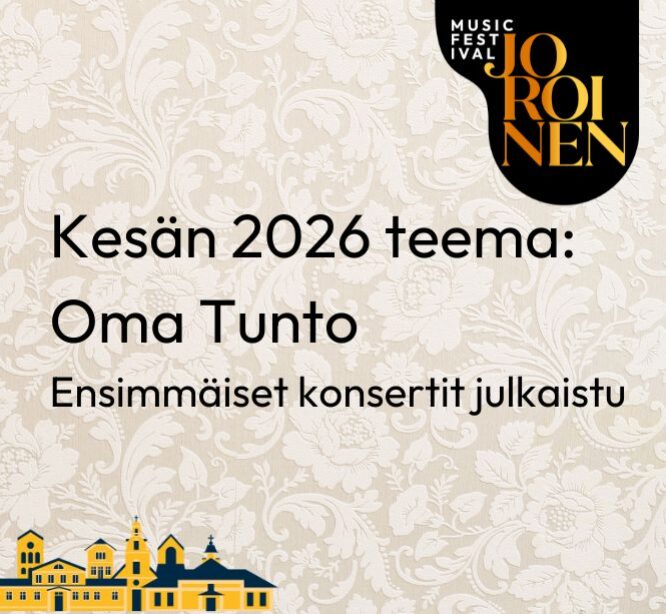 rakennuksia, logo ja tekstiä tapettitaustalla