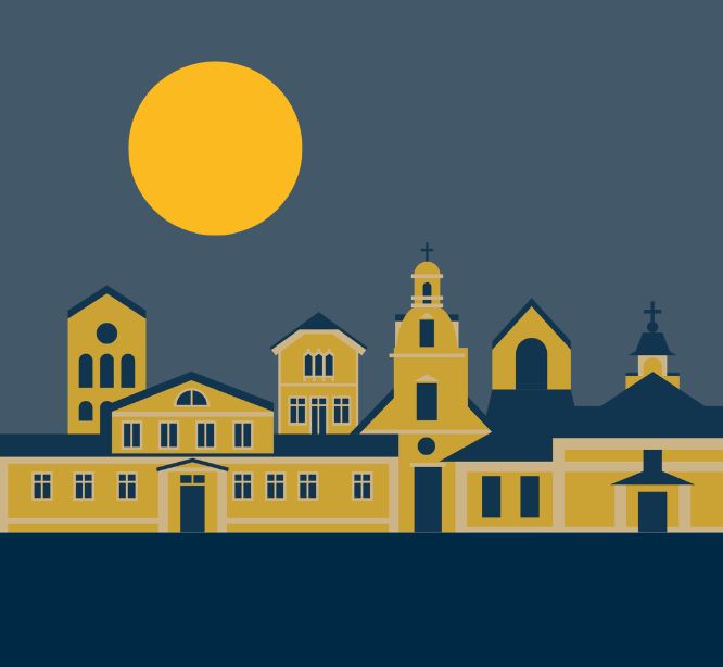 piirroskuva rakennuksista kuutamossa.