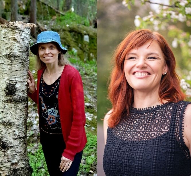Kaksi naista metsäisessä ympäristössä.
